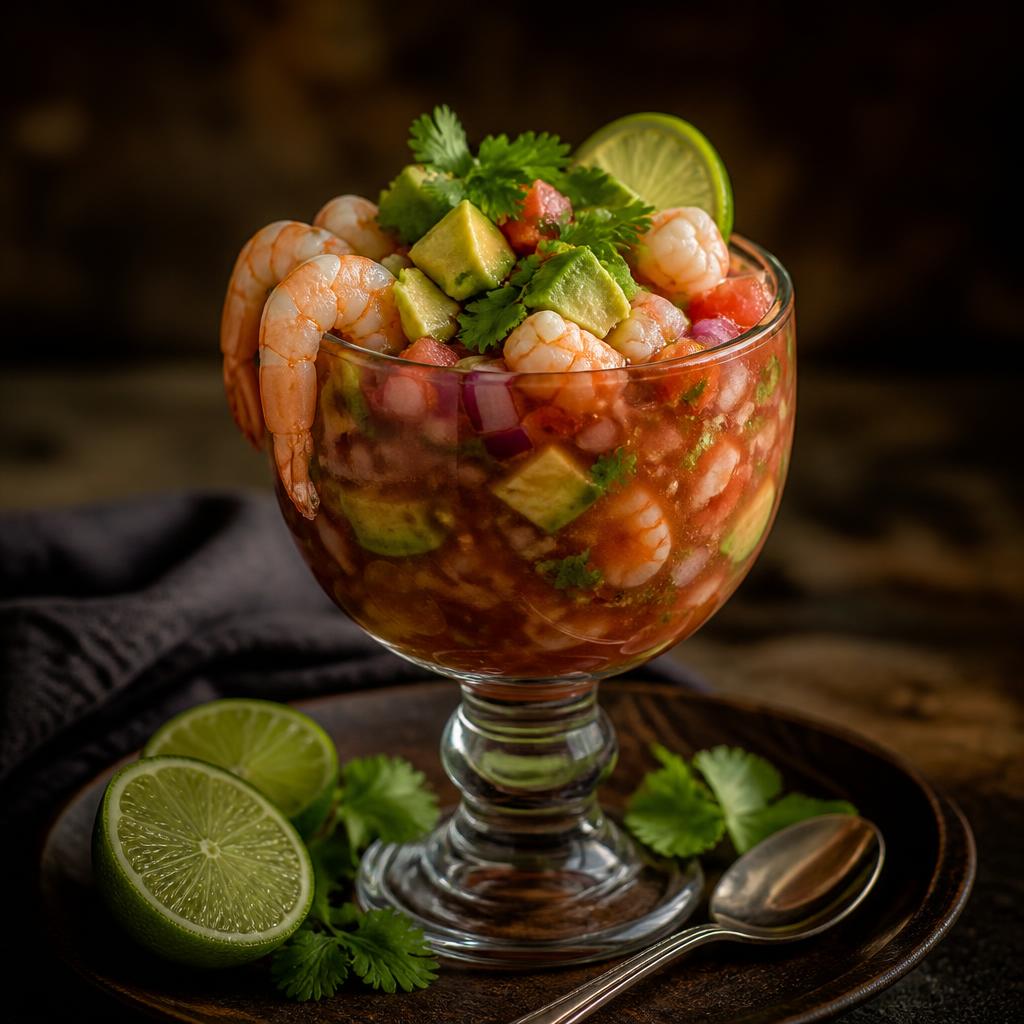Mexican shrimp cocktail served in a chilled glass